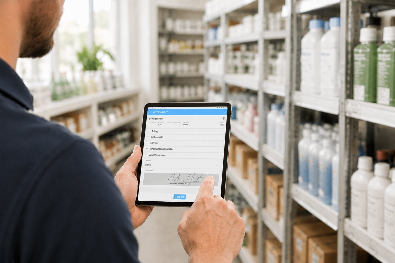 Außendienstmitarbeiter lässt einen Auftrag auf dem Tablet unterschreiben, im Hintergrund die Regale eines Verkaufsraums