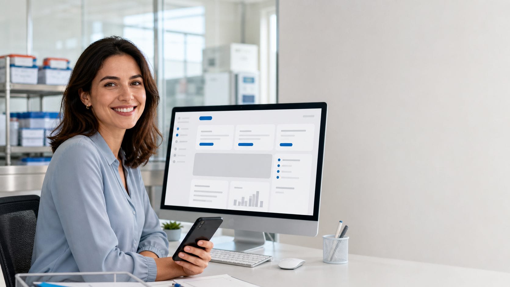 Mitarbeiterin einer Laborlogistik mit dedefleet-Ansicht auf dem Monitor, im Hintergrund das Labor mit Probentransportboxen