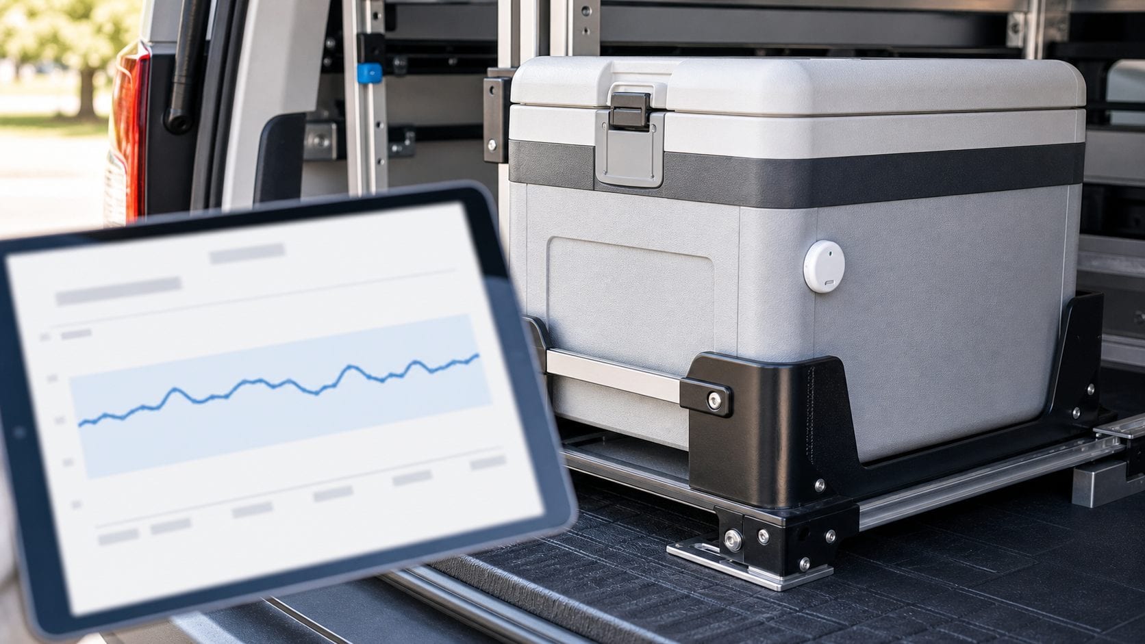 Isolierter Transportbehälter mit BLE-Temperatursensor im Laderaum, im Vordergrund ein Tablet mit Temperaturkurve