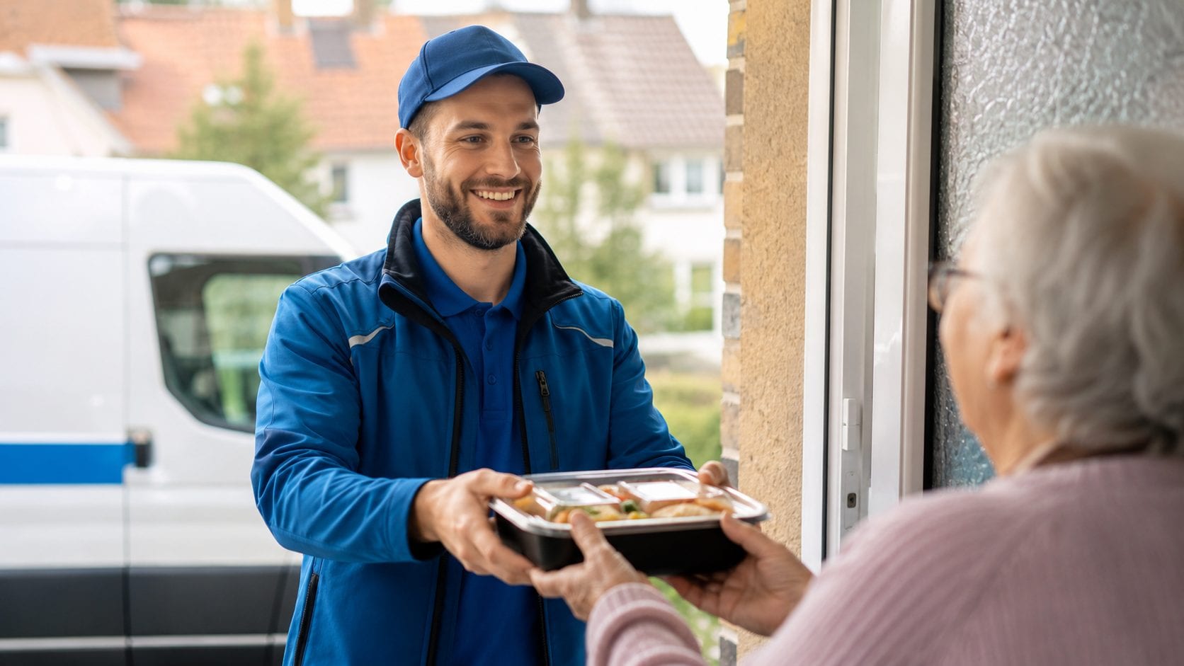 Fahrer eines Menülieferservice übergibt eine warme Mahlzeit an der Haustür