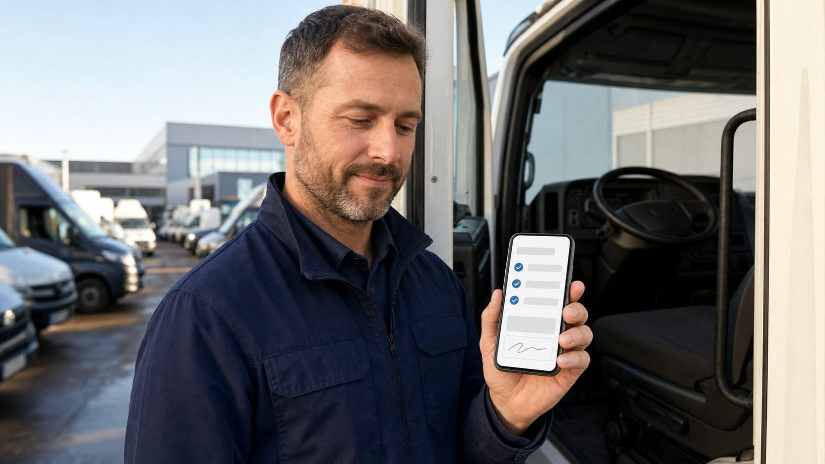 Fahrer prüft vor Tourstart die digitale Abfahrtskontrolle mit abgehakten Punkten und Unterschriftenfeld auf dem Smartphone