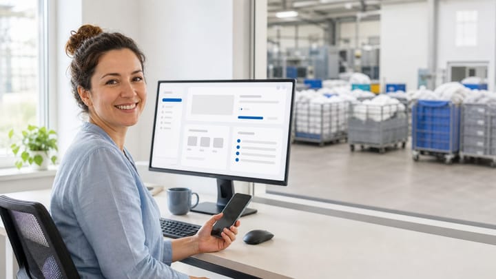 Mitarbeiterin einer Textildienstleistung mit dedefleet-Ansicht auf dem Monitor, im Hintergrund die Wäscherei mit Rollcontainern