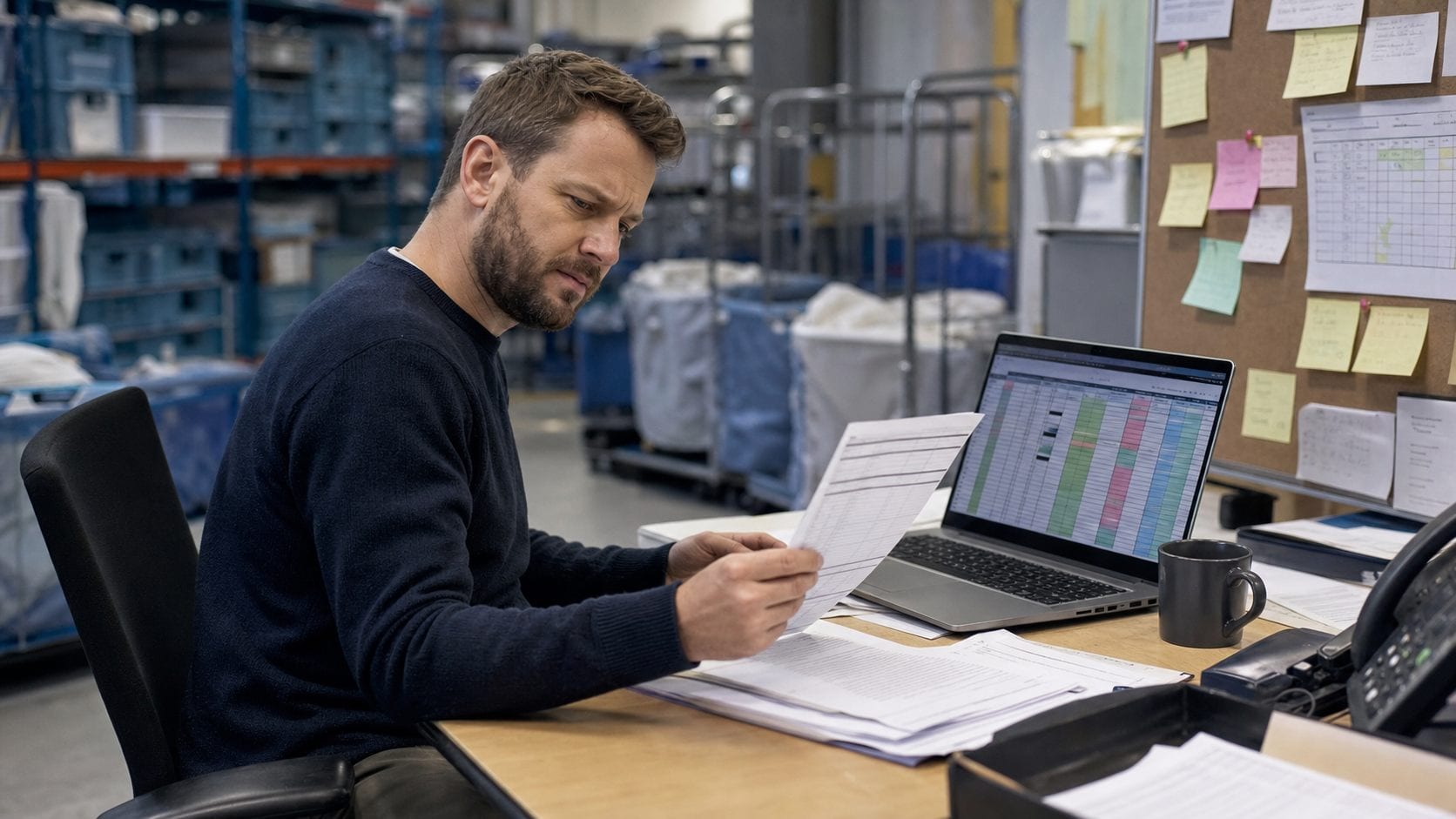 Dispositionsmitarbeiter vergleicht eine ausgedruckte Tourenliste mit einer Excel-Tabelle in der Wäscherei-Disposition