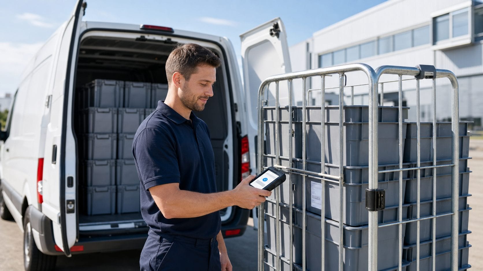 Fahrer scannt einen gekennzeichneten Rollcontainer mit einem Handscanner vor dem geöffneten Lieferfahrzeug