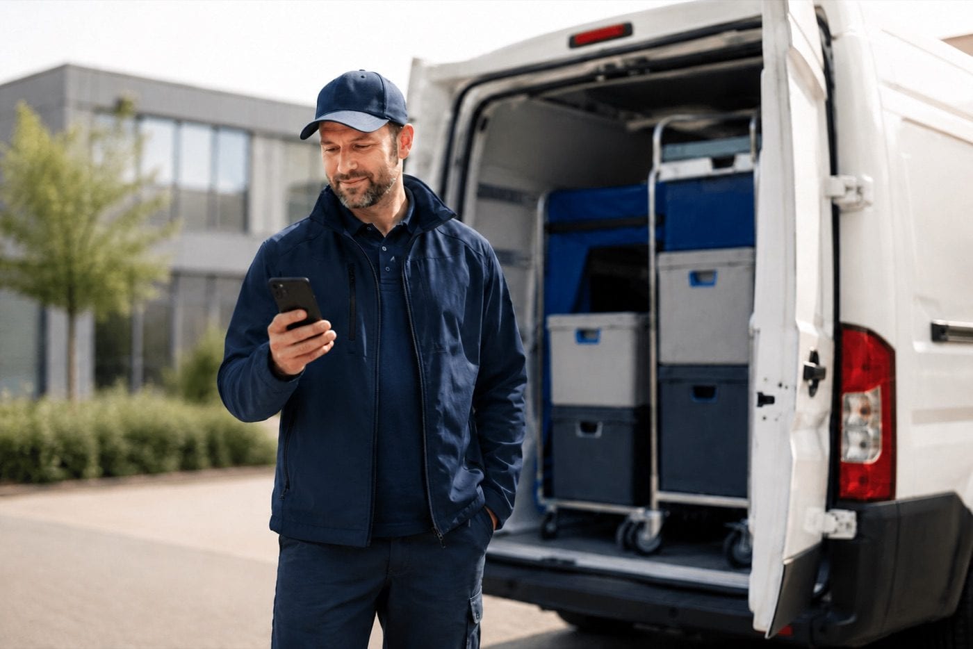 Zusteller blickt neben seinem beladenen Lieferwagen auf sein Smartphone