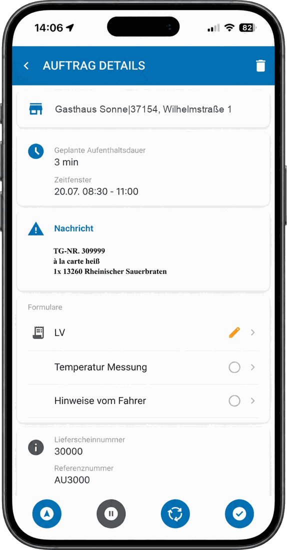 Smartphone mit Auftragsdetails in der Driver-App: Zeitfenster, Nachricht, Formulare und Lieferscheindaten