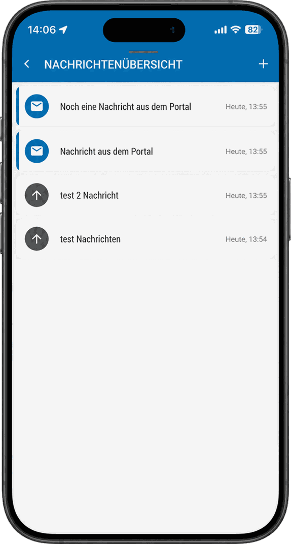 Smartphone mit Nachrichtenübersicht der Driver-App: empfangene und gesendete Nachrichten zwischen Fahrer und Disposition