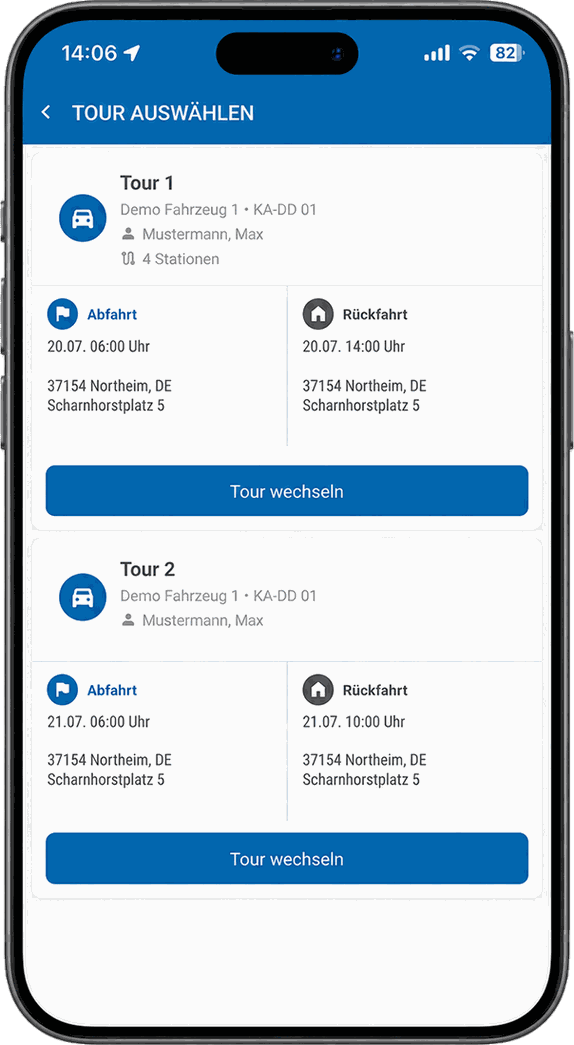Smartphone mit Tourauswahl in der Driver-App: Touren mit Abfahrt, Rückfahrt und Stationen