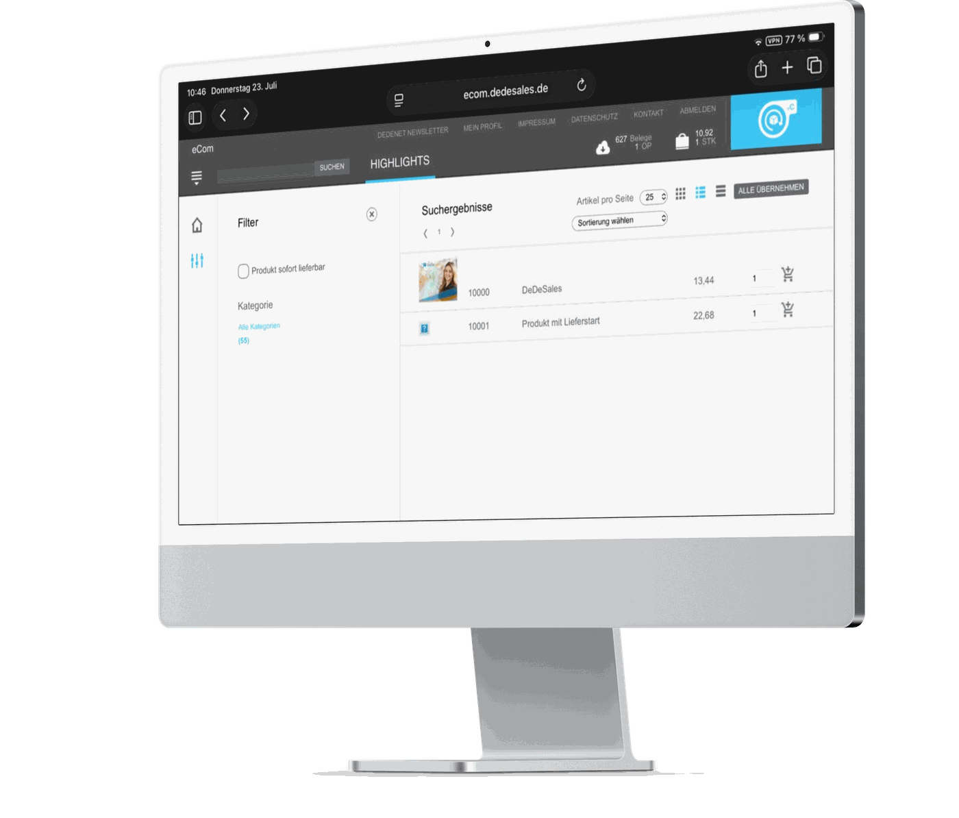 eCom-Shop im Browser auf einem Monitor: Artikelliste mit Filterspalte, Mengenfeld je Position und Schaltfläche, um alle Positionen in den Warenkorb zu übernehmen