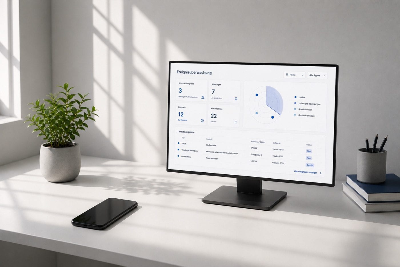 Monitor auf einem Schreibtisch zeigt das Ereignisüberwachungs-Dashboard von dedefleet
