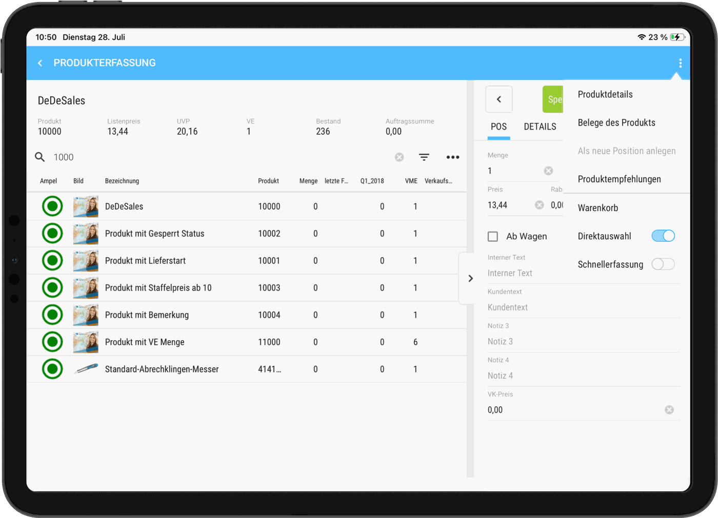 Produkterfassung in dedesales auf einem Tablet: geöffnetes Menü mit dem Eintrag Produktempfehlungen