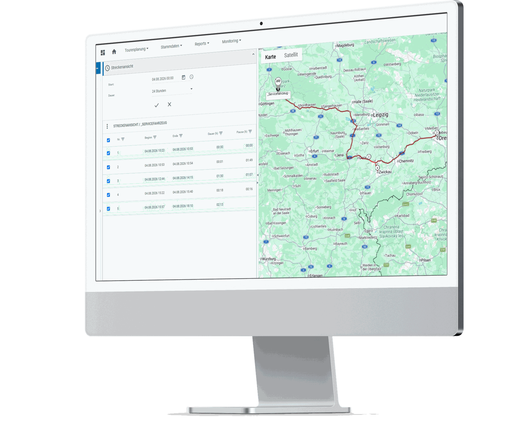 Streckenansicht im dedefleet-Portal: Fahrtenliste mit Beginn, Ende, Dauer und Pausen neben dem Routenverlauf auf der Karte