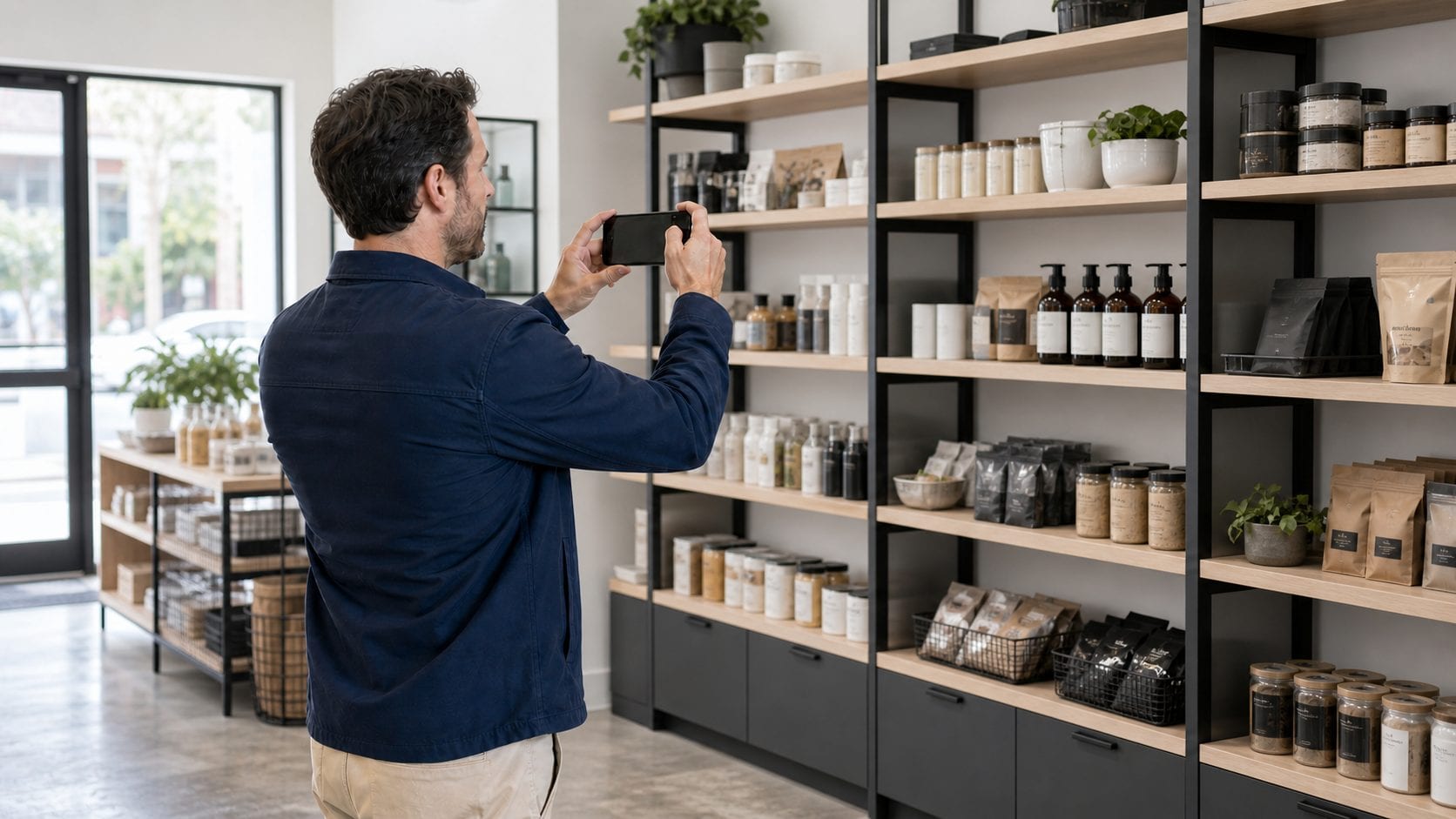 Außendienstmitarbeiter fotografiert ein Warenregal beim Kunden mit dem Smartphone