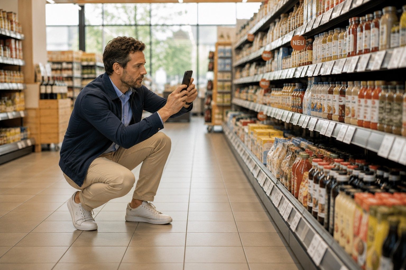 Außendienstmitarbeiter fotografiert ein Verkaufsregal mit einem mobilen Gerät