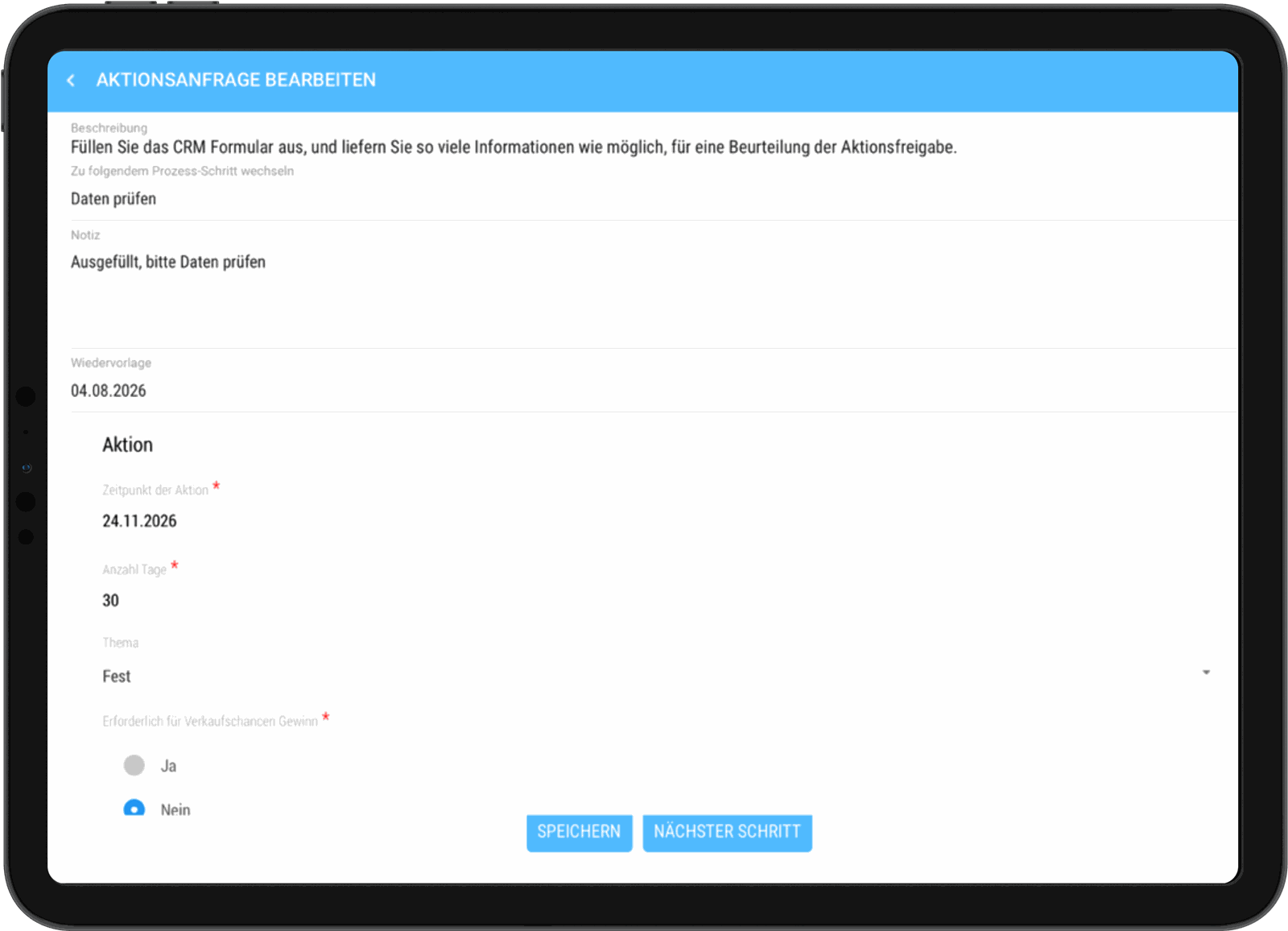 dedesales App, Kundendashboard mit Workflow-Widget für laufende Vorgänge