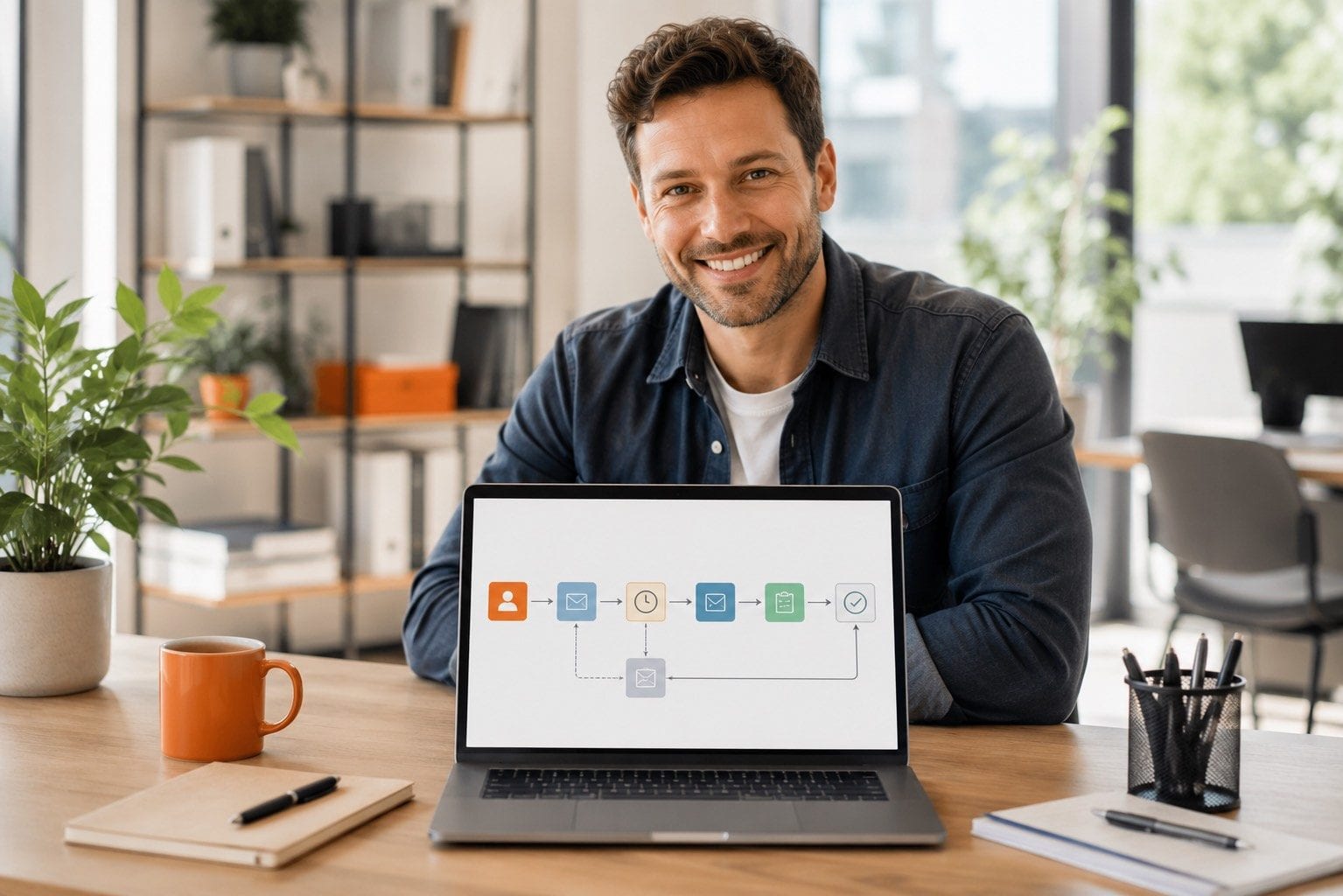 Außendienstmitarbeiter richtet einen automatisierten Workflow am Laptop ein