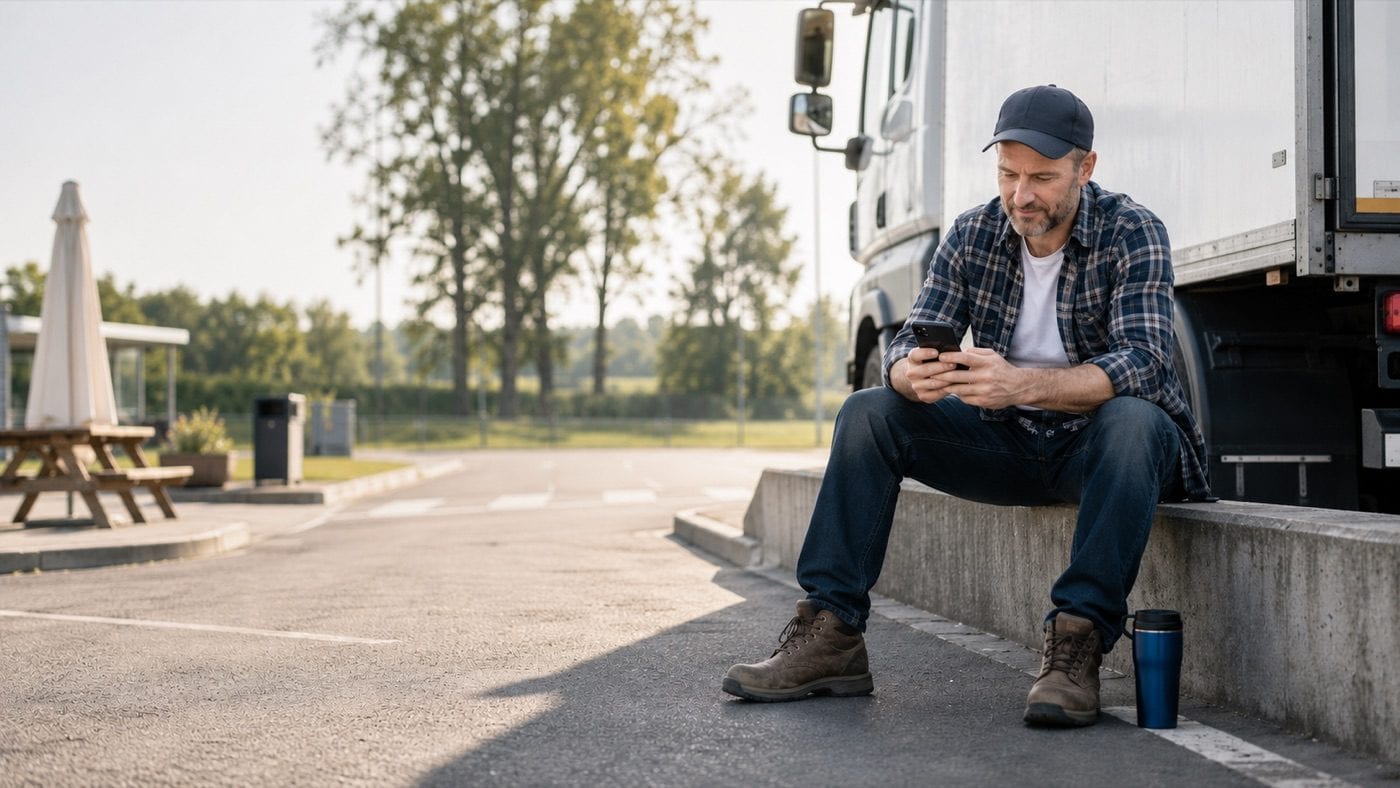 Lkw-Fahrer sitzt in einer Pause am Fahrzeug und blickt auf sein Smartphone