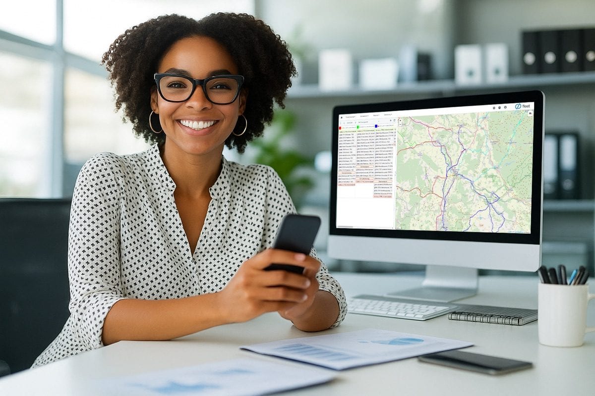 Mitarbeiterin prüft die Tourenplanung mit Kartenübersicht auf dem Desktop-Dashboard