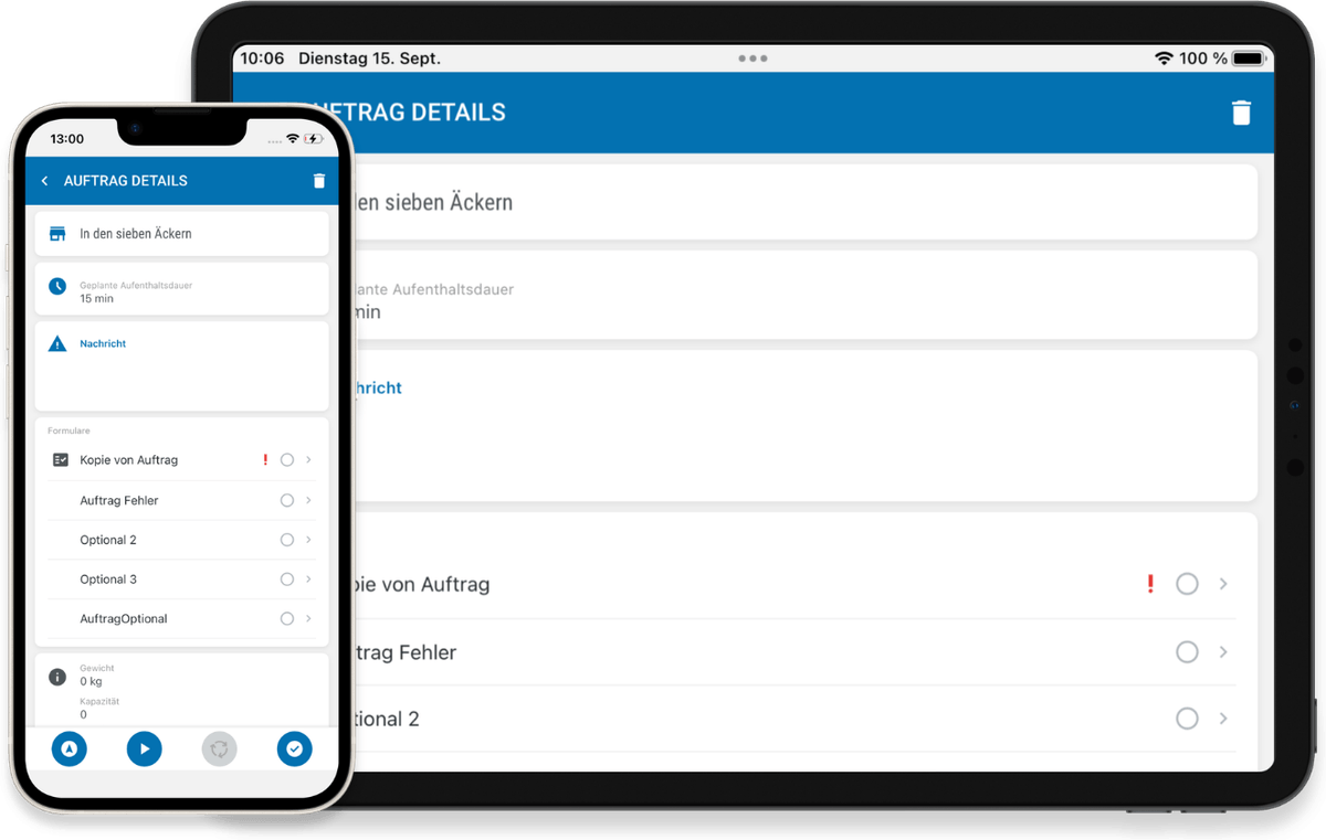 dedefleet Driver App: Auftragsdetails mit Stopp, geplanter Aufenthaltsdauer, Nachricht und Formularen auf Smartphone und Tablet