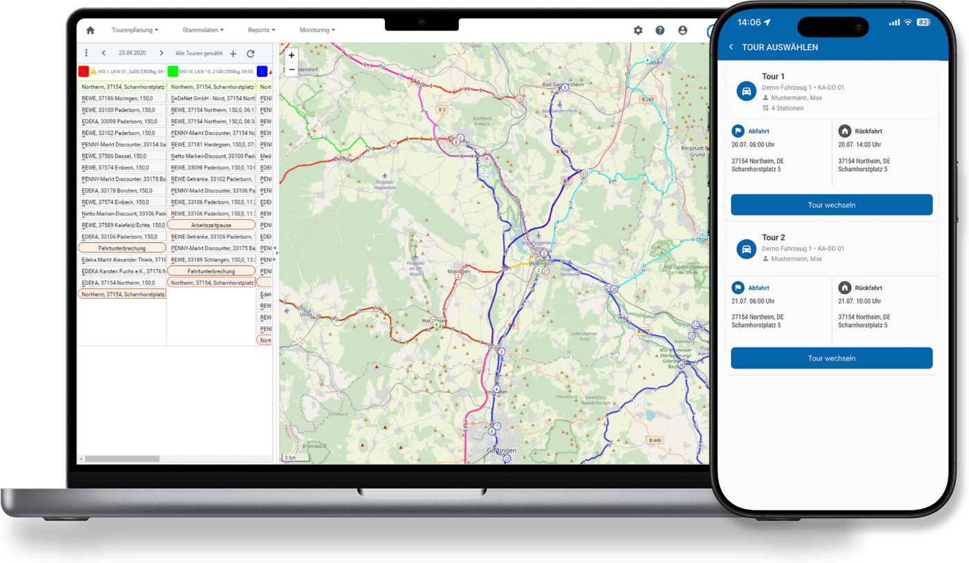 dedefleet-Tourenplanung: Tourenkarte mit Stopps und Auftragsliste im Portal auf einem Laptop, daneben die Tourenauswahl der Driver App auf einem Smartphone