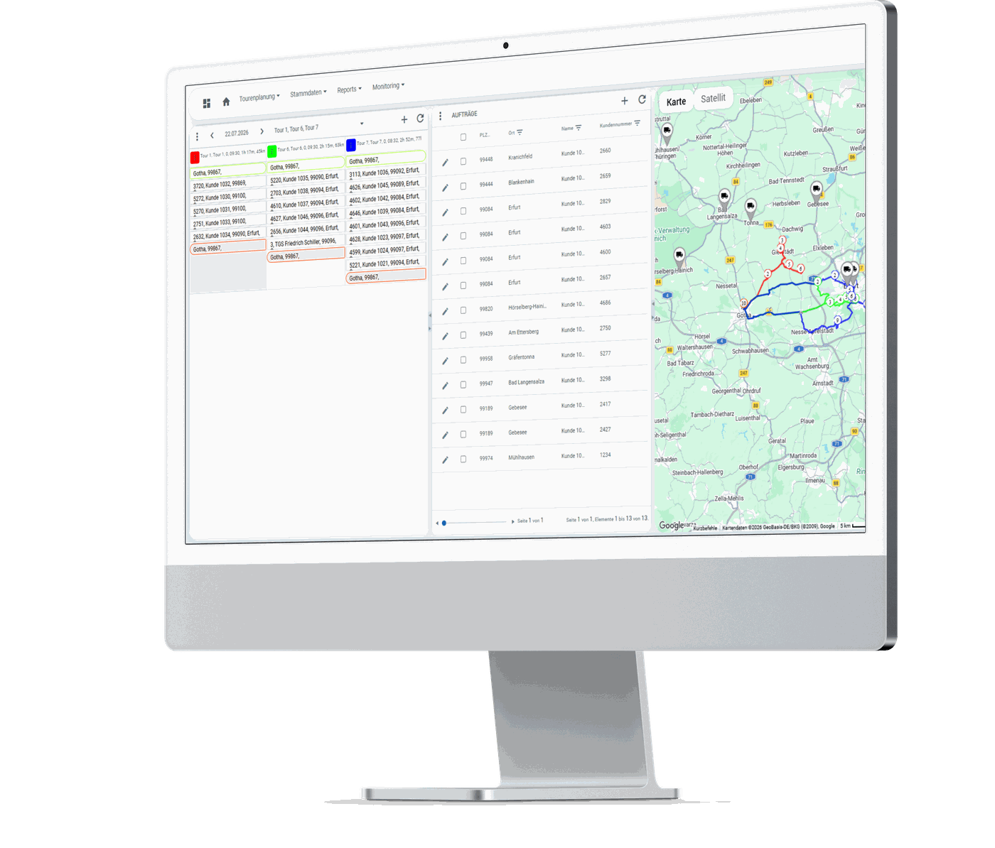 dedefleet-Tourenplanung: Kartenansicht mit Touren, Stopps und Auftragsliste auf einem Monitor