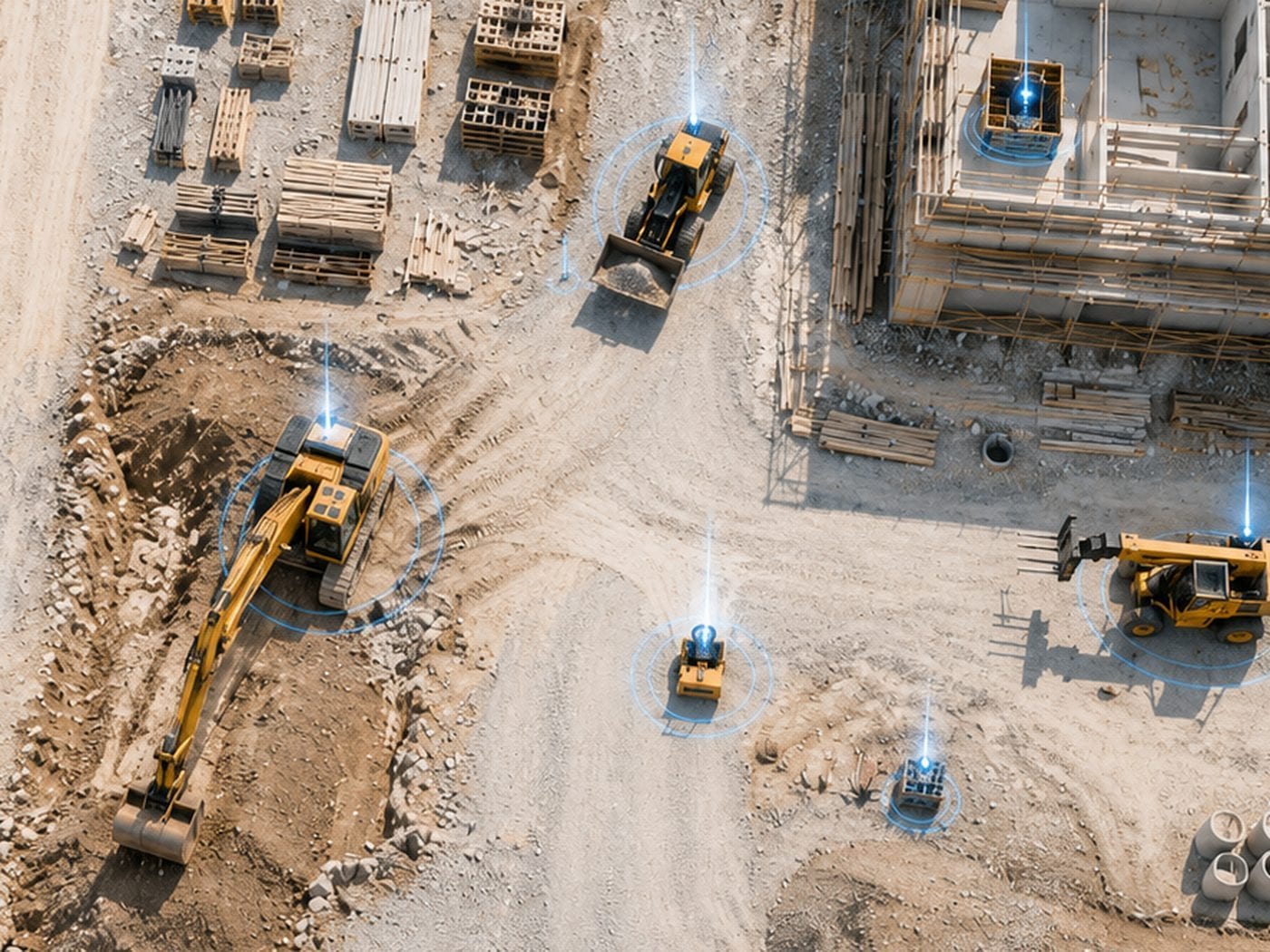 Luftaufnahme einer Baustelle mit Baumaschinen, die per Ortungssignal markiert sind