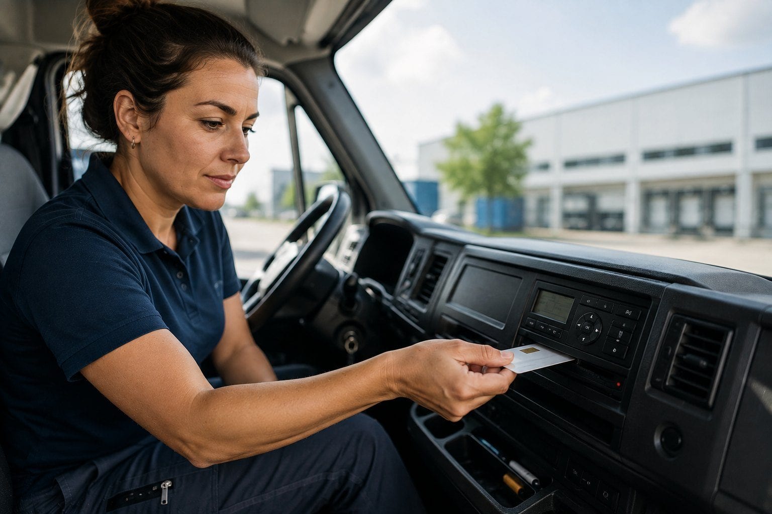 Fahrerin im Fahrerhaus schiebt ihre Fahrerkarte in den digitalen Fahrtenschreiber