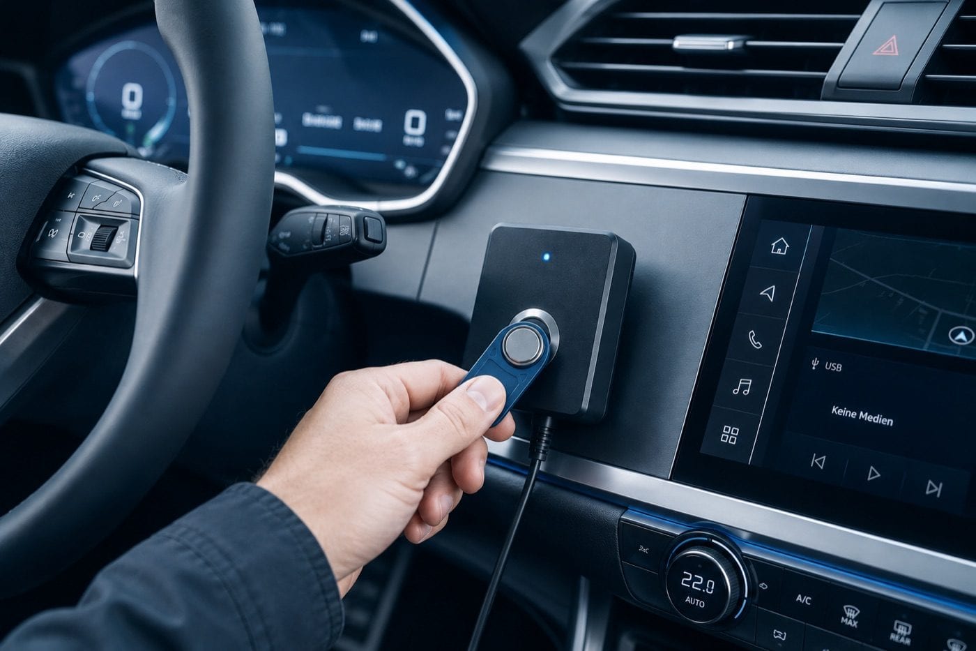 Hand hält einen iButton an das Lesegerät im Fahrzeug-Cockpit zur Zeiterfassung